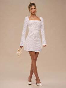 SHEIN BAE Autumn And Winter Women's Birthday Party Outfit White Knitted 3D Floral Square Neck Long Sleeve Tight A-Line Mini Dress,Elegant Wedding Dresses,Autumn/Winter Dress ,New Year Dress,Party Dress ,White Dress, - White - View 6