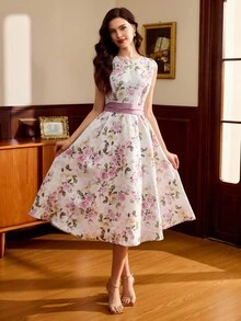 Vintamour Vintage Classic Elegant Party Women's Dress, Autumn/Winter, Fitted Waist Tie Dress, Bowknot Dress, Floral Print Dress, Pink Flared Dress, Sleeveless Dress Autumn Clothes Elegant Women's Dresses
