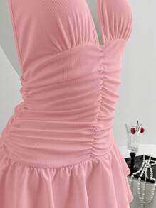 Flirla Black Ribbed Knit Woven Patchwork Metal Chain Decor Deep V Neck Backless Bodycon Ruched Hem Layered Ruffle Hem Super Mini Dress, Sexy Chic For Vacation, Party, Daily, Dating, Versatile For Women In Summer - Pink - View 6