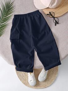 SHEIN Quần dài lưng thun co giãn màu trơn, thích hợp cho mùa xuân/hè, dành cho cả bé trai và bé gái - Màu xanh hải quân - Xem 2