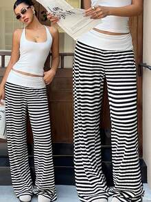 SHEIN EZwear Fall Clothes For  Women's Black And White Contrast Striped Casual Loose Straight Pants Business Casual Women - Multicolor - View 1