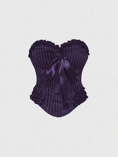 Gothic Style Striped Fabric Bow-Tie Strap Women's Bustier Top, Purple