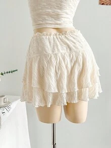 Soleia WYWH Women's Holiday Outfit, Cream White Textured Knit Fabric Lace Patchwork Halter Top & Tiered Lace Ruffle Mini Skirt Set, Suitable For Holiday, Date, Afternoon Tea, Beach Suit, Cruise, City Vacation, All Seasons, Music Festival, Boho Vacation, Can Be Worn Inside Or Outside Cream Two Piece Set Two Piece Skirt Set Summer Two Piece Set Summer Skirt Set - Beige - View 7