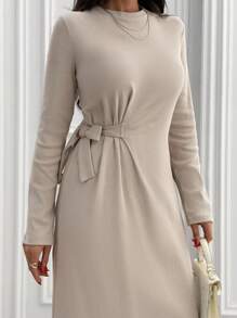 EURMUSE Rib Knit Crew Neck Long Sleeves Knot Detailed Dress Office Beige Autumn Modest Elegant - Grey - View 3