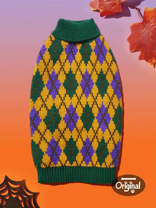 1pc Pet Cat Dog Universal Halloween Orange Plaid Geometric Jacquard Knit Elastic Comfortable Warm Sweater, PETSIN Original Design