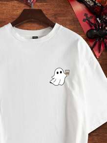 Manfinity Joysei 万圣节可爱鬼魂手拿咖啡杯休闲印花标准版型男士白色圆领 T 恤 - 白色 - 查看 2