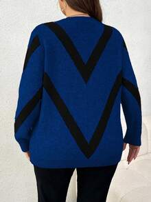 Elenzga 大码女式休闲时尚修身圆领长袖提花针织套头衫，秋冬 - 藍色 - 查看 2