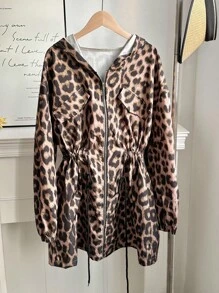 SHEIN EZwear Plus Size Leopard Print Drawstring Hooded Jacket, Casual For Spring And Autumn Winter Fall - Multicolor - View 3