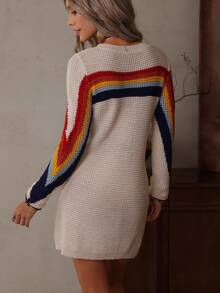 LanaWest Women's Classic Round Neck Rainbow Ombre Striped Retro Fitted Knit Sweater Dress, Autumn/Winter Fall Cloth For Women - Beige - View 2