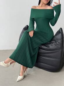 Modelyn 女士绿色露肩长袖优雅针织连衣裙，秋季 - 綠色 - 查看 3