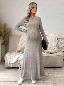 SHEIN 孕妇针织圆领长袖罗纹休闲连衣裙 - 杏色 - 查看 4