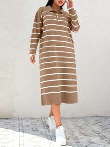 SHEIN Cottnline Plus Size Striped Pattern Polo Neck Sweater Dress - Camel - View 4