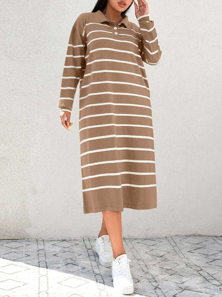 SHEIN Cottnline 加大碼條紋圓領毛衣連衣裙 - 駝色 - 查看 4