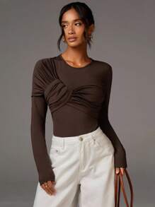 Athîral Women Bodysuits, Fall Tops ,Business Casual Woman,Old Money Style,Wedding Guest Outfit - Coffee Brown - View 3