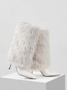 MOTF 毛茸茸的尖头高跟中筒靴，宽松的及膝靴，适合通勤、约会、派对和其他时尚场合 - 米色 - 查看 9