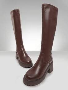 Solezae Women's Comfortable Stretch Material Chunky Lug Sole Knee High Boots - Brown - View 3