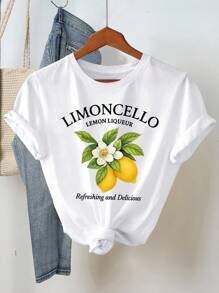 大码女式夏季柠檬利口酒图案圆领短袖休闲T恤