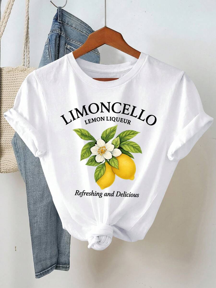 大码女式夏季柠檬利口酒图案圆领短袖休闲T恤