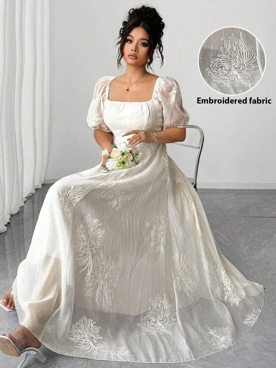 Elenzga 大码女式长裙，修腰喇叭下摆，优雅精致，刺绣方领泡泡袖时尚连衣裙 - 白色 - 查看 1
