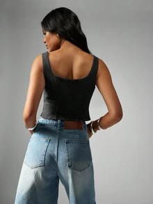 MISSGUIDED Lace Up Front Denim Crop Top Y2K Fashion Festival Grunge Style Streetwear Corset Tank Top Summer Spring Sleeveless Cut Out Design - Black - View 2