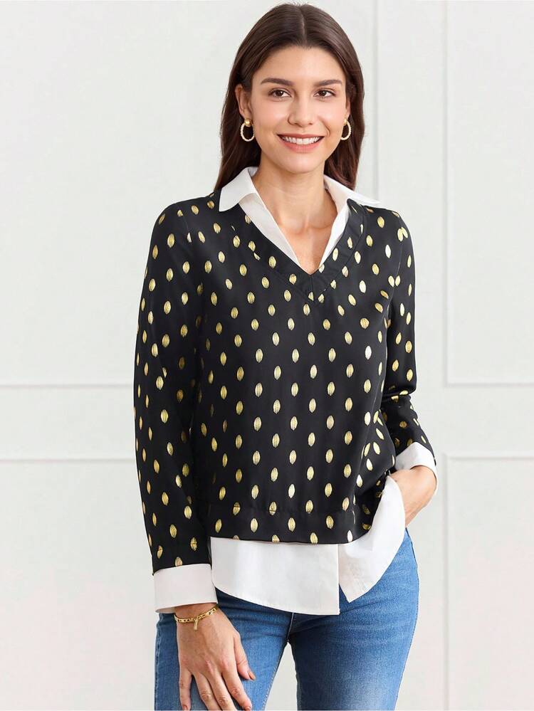 Country Concert Women's 2 In 1 Splicing Long Sleeve Simple Shirt, Casual Everyday Wear