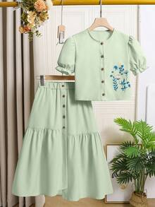 SHEIN 青少年女孩圆领纽扣短袖上衣和荷叶边下摆 A 字裙 2 件套 - 薄荷綠 - 查看 1