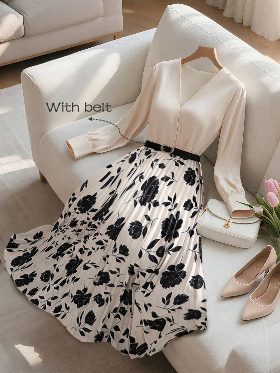 Franclia Váy dài tay, dáng dài vừa phải, cổ chữ V, viền xòe, họa tiết hoa đơn sắc, vát kim loại màu đen, thời trang tối giản dành cho nữ, mùa thu/đông - Màu be - Xem 1
