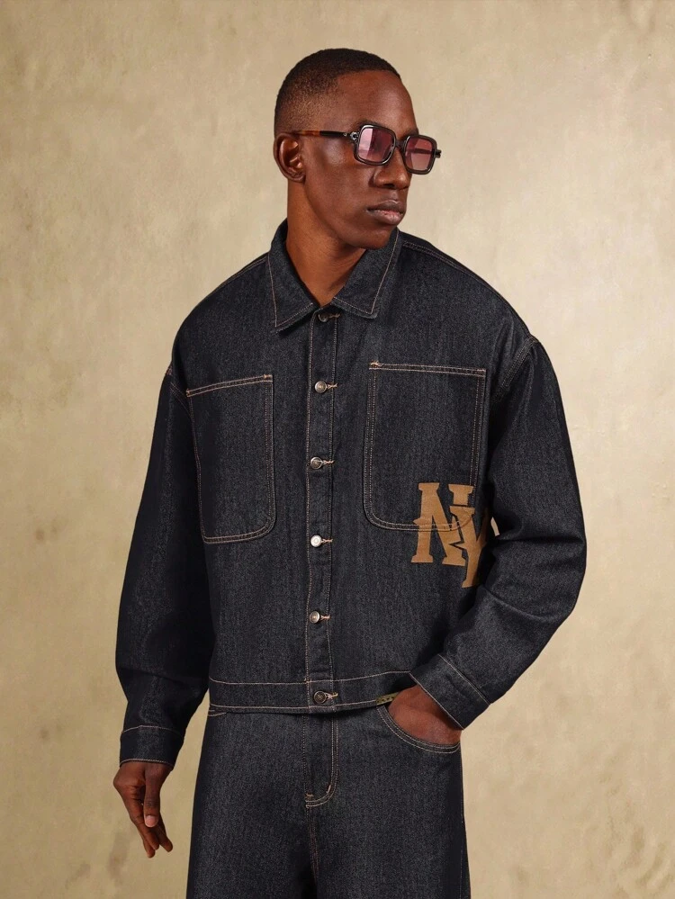 Oversized Denim Jacket With Logo Print And Button Front