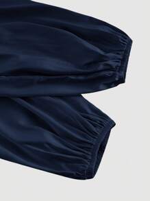 SHEIN MOD 大码女式海军蓝裹身式领带蝴蝶结灯笼袖衬衫 - 藏蓝色 - 查看 3