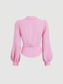 SHEIN MOD 條紋女款職場襯衫，翻領 V 領設計，泡泡袖與腰部抓褶，商務休閒秋季襯衫 - 粉色 - 查看 2