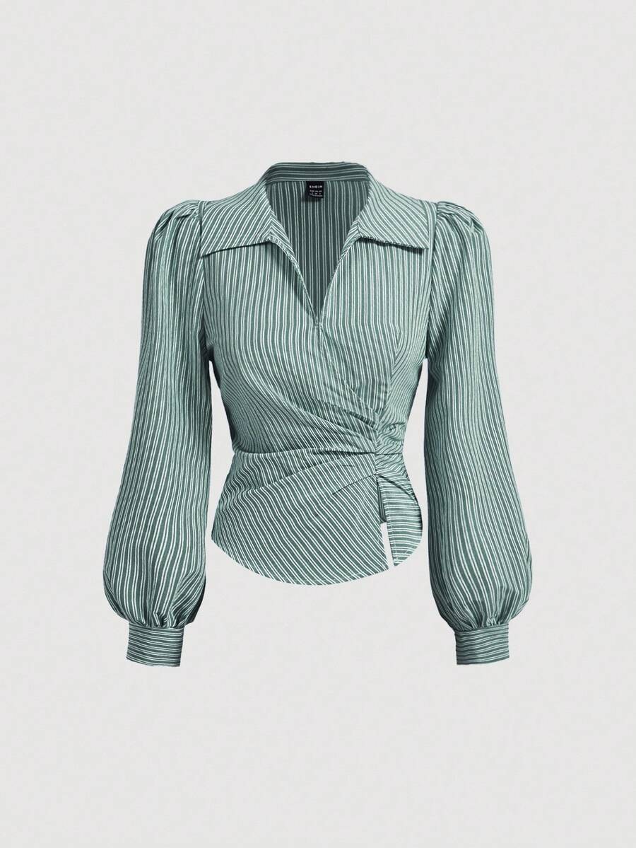 SHEIN MOD 條紋女裝襯衫,翻領、泡泡袖與腰部抓褶設計,V領商務休閒襯衫,適合秋季職場穿搭 - 綠色 - 查看 1