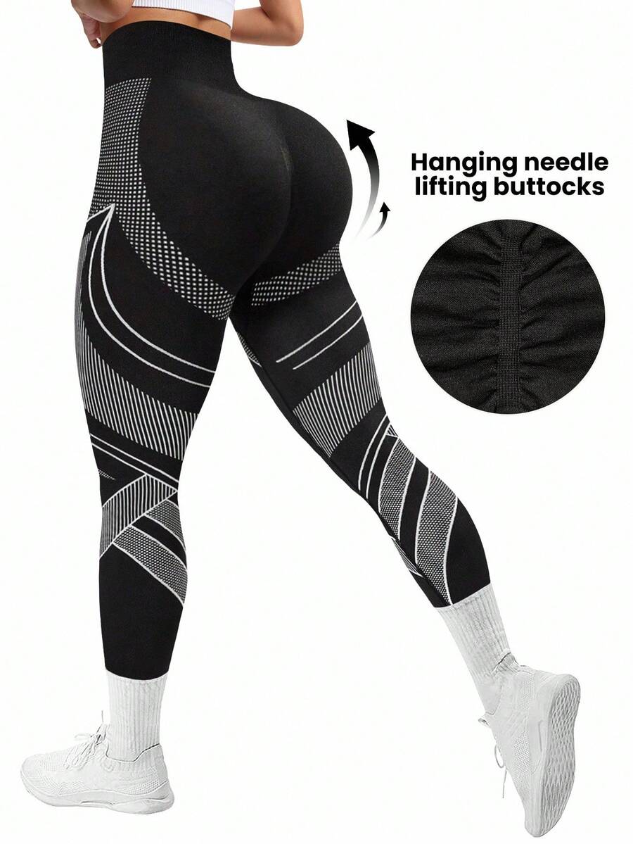 Easithlete Quần legging tập yoga họa tiết sọc liền mạch cạp cao màu đen cho nữ - màu đen - Xem 1