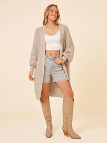 SHEIN X Lucía Bellido Coeurva 落肩罗纹针织开衫、长袖上衣 - 米色 - 查看 7
