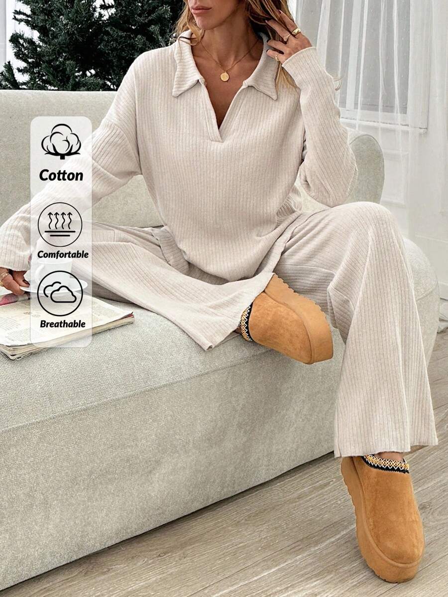 SHEIN Women's Brushed Ribbed Set, Casual, Chic - Beige - View 1