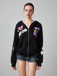 ROMWE Avant Y2K 街头服饰休闲美国国旗贴片印花连帽宽松运动衫女士运动衫 - 黑色 - 查看 6