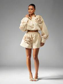 MISSGUIDED Crop Fit Elegant Ruffled Rose Applique Two Piece Outfit Button Down Shirt Shorts Set Unique Fashion Statement Piece Evening Party Cocktail Summer Coordinates Collection