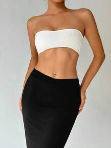 纯色重叠腰部开衩大腿女裙 - 黑色 - 查看 9