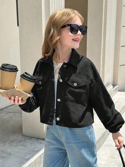 SHEIN 青少年女孩纯黑色口袋落肩短款夹克，秋冬外套，休闲日常穿着