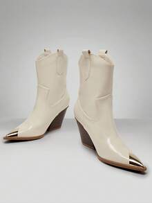 Solezae Women's Fibulae Embellished Pointed Toe Block Heel Ankle Cowboy Booties - Beige - View 2