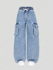 Tween Mädchen Jeans im Y2K-Stil, neue Version, hellblauer Denim-Farbton, Kordelzug Gummibund, Cargo-Taschen, weite Passform, modischer lässiger Schulstil, Tween Mädchen Jeans - Helle Waschung - Übersicht 3