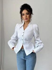 Elenzga 女士优雅条纹修身衬衫，时尚返校季，秋季女装 - 白色 - 查看 6