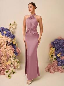 SHEIN Belle Elegant Romantic Satin Halter Neck Sleeveless Ruched Twist Mermaid High Slit Backless Dress, Suitable For Weddings, Events, Dates, Bridesmaid - Dusty Pink - View 4