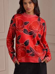 Lilora Red Floral,Autumn,Elegant,Family Casual Print Long Sleeve Sweater,Super Soft Graphic Rose Emory Rose Retro Chic Modest Formal Event Party Date Night - Multicolor - View 6
