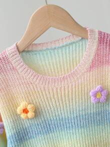 SHEIN Jersey de manga larga con cuello redondo, decoración de flores 3D y rayas de colores para niñas jóvenes - Multicolor - Ver 7
