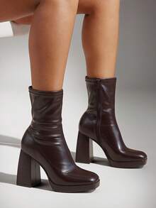 SHUZIA 女士时尚舒适弹力PU粗跟拉链踝靴 - 棕色 - 查看 4