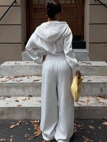 SHEIN EZwear 灰色休闲女式落肩长袖前拉链连帽连体裤 - 灰色 - 查看 3