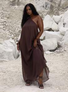 MUSERA Vestido maxi con cuello halter y vuelo, lindo, elegante y sexy para ocasiones de vacaciones, fiestas y eventos - Marrón - Ver 5
