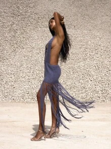 MUSERA Vestido maxi elegante de punto con escote pronunciado, cuello halter y flecos, ideal para otoño y vacaciones - Azul - Ver 3