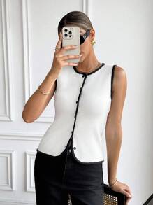 SHEIN Frenchy Chaleco de punto con ribete de contraste casual para mujer en otoño/invierno - Blanco - Ver 9