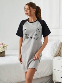 RueChic Women Contrast Colour Short Sleeve Detail With Cat Face Printed Sleepshirt - Grey - View 5